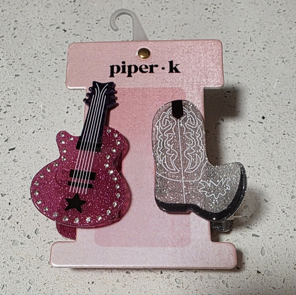 NEW Piper K Pink Guitar & Boots Sparkle Hair Clip Claw Nashville Cowgirl Western